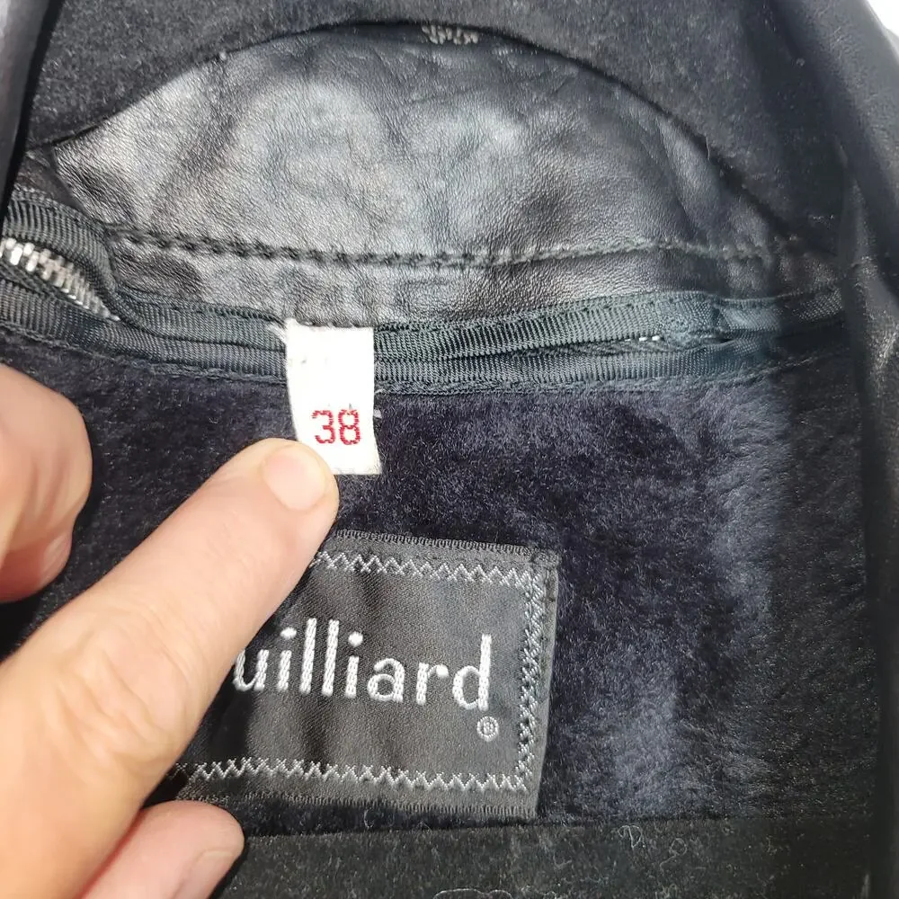 Juilliard Leather Vintage 1970 Lg. Lapel black white stitching Sz 38 Coat Jacket
